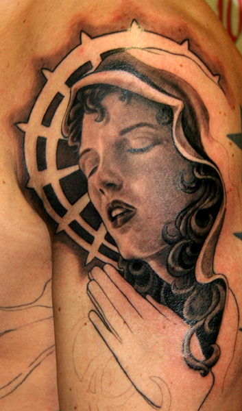 Virgin Mary Tattoo On Left Shoulder 